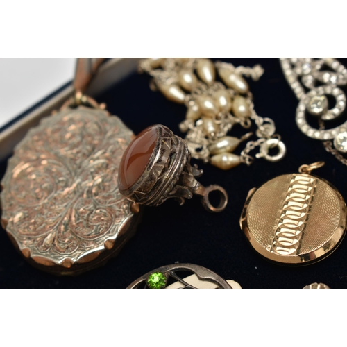 142 - A SELECTION OF JEWELLERY, to include an enamel 'Michaela Frey' locket suspended from a silver box li... 