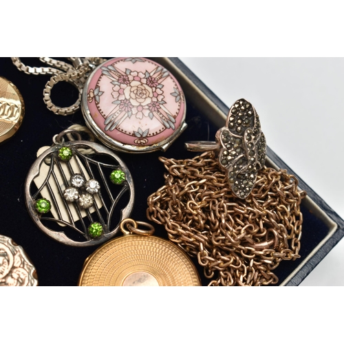 142 - A SELECTION OF JEWELLERY, to include an enamel 'Michaela Frey' locket suspended from a silver box li... 