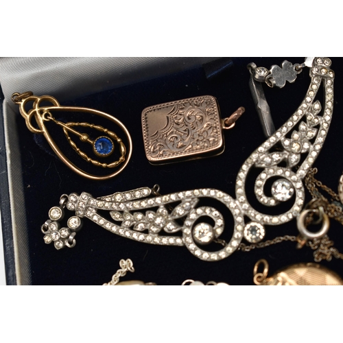 142 - A SELECTION OF JEWELLERY, to include an enamel 'Michaela Frey' locket suspended from a silver box li... 