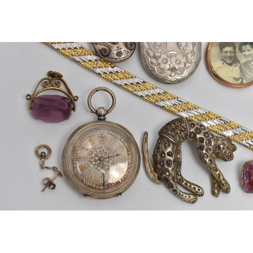 146 - A BAG OF ASSORTED JEWELLERY, to include a silver marcasite cat brooch hallmarked Birmingham, a silve... 