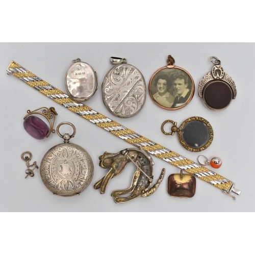 146 - A BAG OF ASSORTED JEWELLERY, to include a silver marcasite cat brooch hallmarked Birmingham, a silve... 