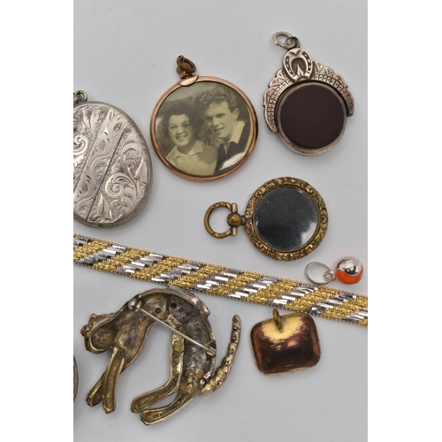 146 - A BAG OF ASSORTED JEWELLERY, to include a silver marcasite cat brooch hallmarked Birmingham, a silve... 