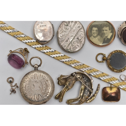 146 - A BAG OF ASSORTED JEWELLERY, to include a silver marcasite cat brooch hallmarked Birmingham, a silve... 