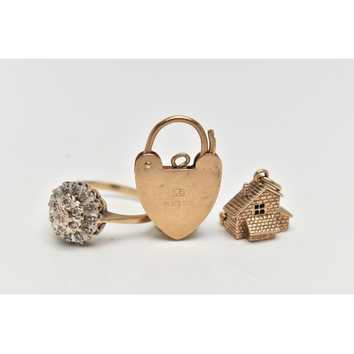 152 - A 9CT GOLD RING, CHARM AND A HEART PADLOCK, the single cut diamond tiered cluster ring, hallmarked 9... 