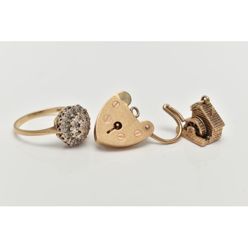 152 - A 9CT GOLD RING, CHARM AND A HEART PADLOCK, the single cut diamond tiered cluster ring, hallmarked 9... 