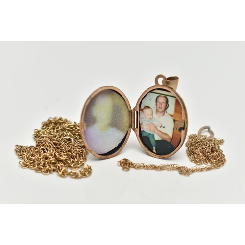 153 - A 9CT GOLD LOCKET AND TWO CHAINS, to include an oval locket with floral detail inscribed 'Mum', hall... 