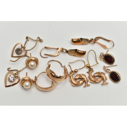 154 - SIX PAIRS OF EARINGS, to include a pair of clog shoe drop earrings on fish hooks, stamped 375, a pai... 