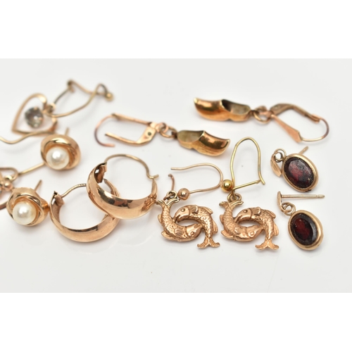 154 - SIX PAIRS OF EARINGS, to include a pair of clog shoe drop earrings on fish hooks, stamped 375, a pai... 