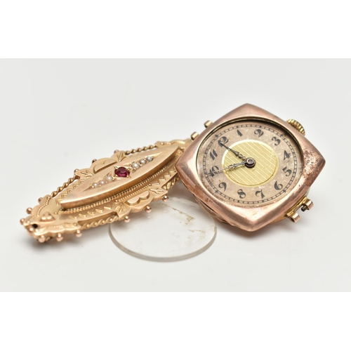 158 - A 9CT GOLD SWEETHEART BROOCH AND A WATCH HEAD, the brooch of an elongated oval form, set with a sing... 