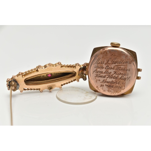 158 - A 9CT GOLD SWEETHEART BROOCH AND A WATCH HEAD, the brooch of an elongated oval form, set with a sing... 