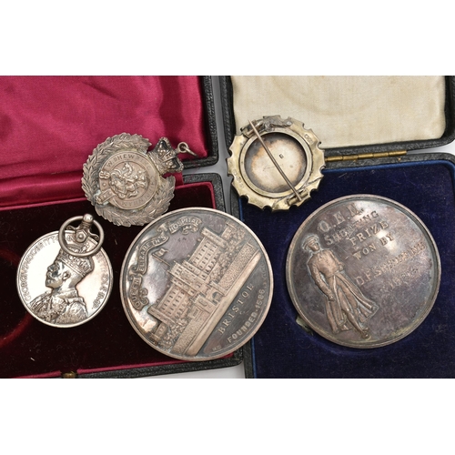 159 - SERVICE MEDAL, BROOCH, FOB AND TWO MEDALLIONS, George V service medal awarded to 'Walters Shewring' ... 