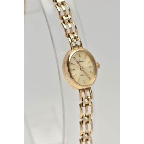 162 - A LADYS 9CT GOLD 'GENEVE' WRISTWATCH, quartz movement, oval gold dial signed 'Geneve Gold', baton ma... 