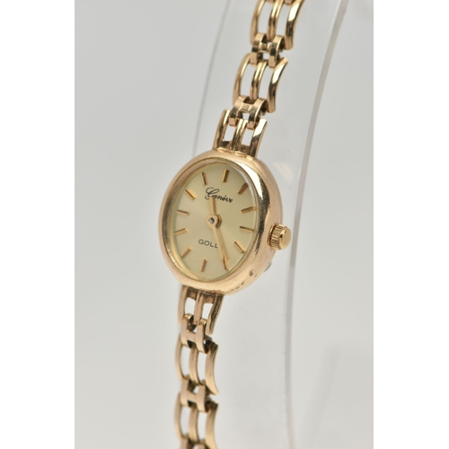 162 - A LADYS 9CT GOLD 'GENEVE' WRISTWATCH, quartz movement, oval gold dial signed 'Geneve Gold', baton ma... 