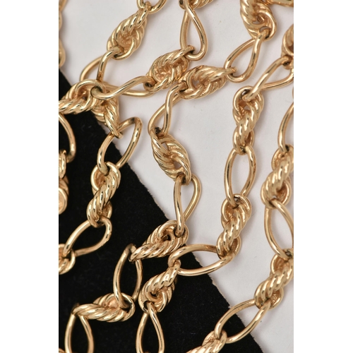 165 - A 9CT GOLD FANCY LINK CHAIN, alternating polished links and rope twist links, fitted with a lobster ... 