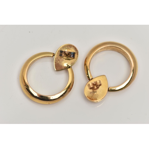 169 - A PAIR OF 9CT GOLD HOOP EARRINGS, forward facing polished hoops with textured surmounts, fitted with... 