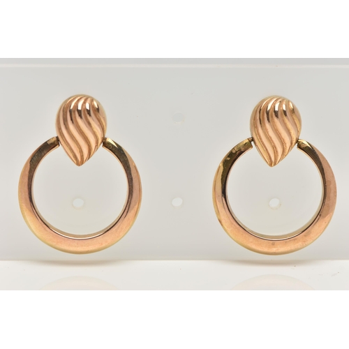 169 - A PAIR OF 9CT GOLD HOOP EARRINGS, forward facing polished hoops with textured surmounts, fitted with... 