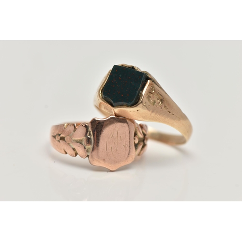 172 - TWO SIGNET RINGS, to include a shield shape signet ring with worn engraved initials, floral shoulder... 