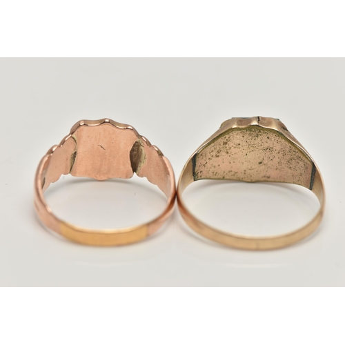 172 - TWO SIGNET RINGS, to include a shield shape signet ring with worn engraved initials, floral shoulder... 