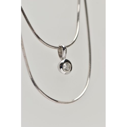 184 - A DIAMOND PENDANT NECKLACE, the polished white metal pendant collet set with a round brilliant cut d... 