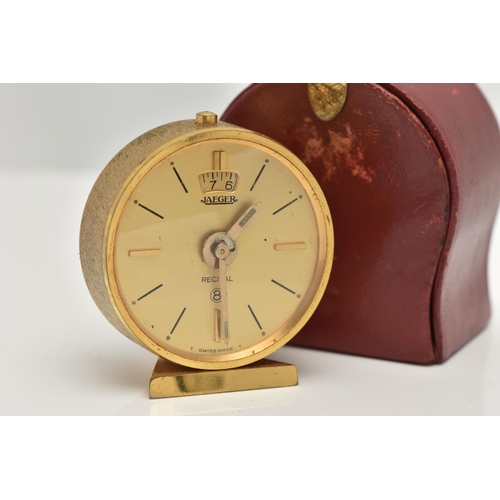 185 - A 'JAEGER' CASED TRAVEL ALARM CLOCK, recital eight day alarm travel clock, round gilt dial signed 'J... 