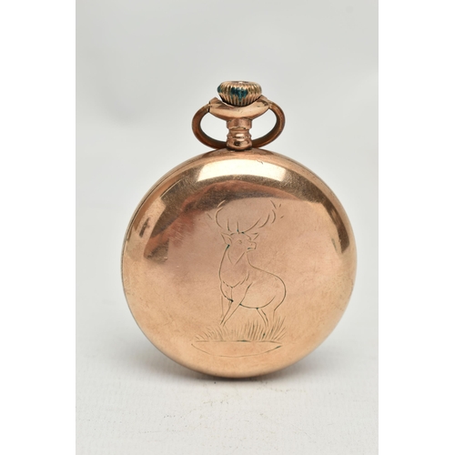 189 - A GOLD PLATED 'WALTHAM' OPEN FACE POCKET WATCH, manual wind, round white ceramic dial (cracked and d... 