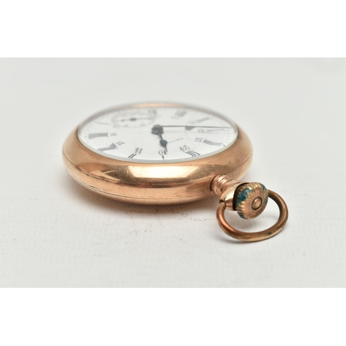 189 - A GOLD PLATED 'WALTHAM' OPEN FACE POCKET WATCH, manual wind, round white ceramic dial (cracked and d... 