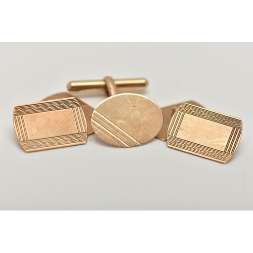 19 - A PAIR OF 9CT GOLD CUFFLINKS AND A SINGLE CUFFLINK,  rectangular cufflinks, engine turned pattern, c... 