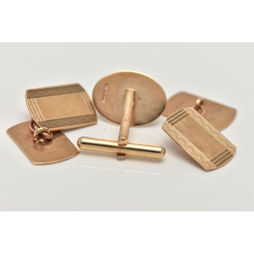 19 - A PAIR OF 9CT GOLD CUFFLINKS AND A SINGLE CUFFLINK,  rectangular cufflinks, engine turned pattern, c... 