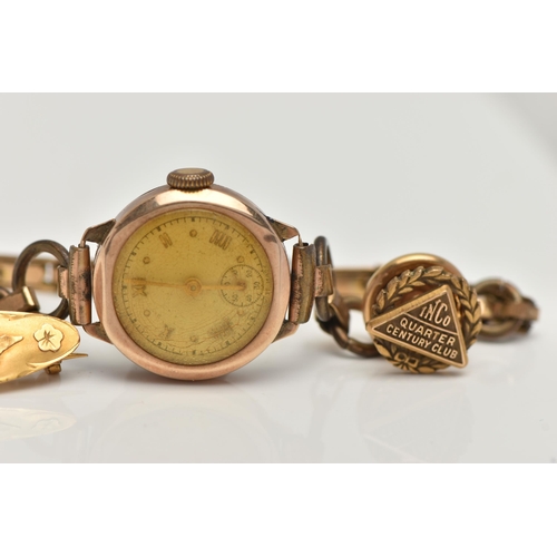 191 - A 9CT GOLD WRISTWATCH, A YELLOW METAL BROOCH AND YELLOW METAL PIN, hand wound movement, rose gold wa... 