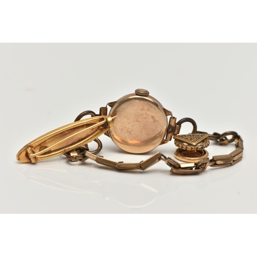 191 - A 9CT GOLD WRISTWATCH, A YELLOW METAL BROOCH AND YELLOW METAL PIN, hand wound movement, rose gold wa... 