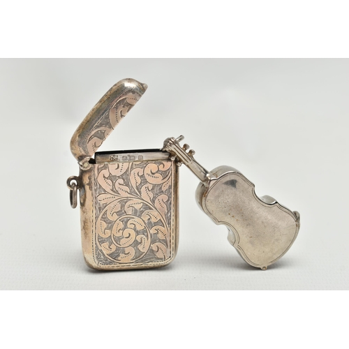 204 - A SILVER PLATED NOVELTY VESTA CASE IN THE FORM OF A VIOLIN AND A GEORGE V SILVER RECTANGULAR VESTA C... 