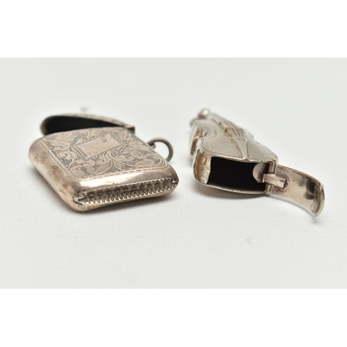 204 - A SILVER PLATED NOVELTY VESTA CASE IN THE FORM OF A VIOLIN AND A GEORGE V SILVER RECTANGULAR VESTA C... 