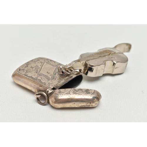 204 - A SILVER PLATED NOVELTY VESTA CASE IN THE FORM OF A VIOLIN AND A GEORGE V SILVER RECTANGULAR VESTA C... 