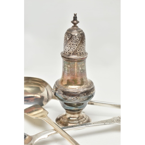 206 - A GEORGE III SILVER SUGAR CASTER OF BALUSTER FORM, knopped finial, engraved pull off cover, raised o... 