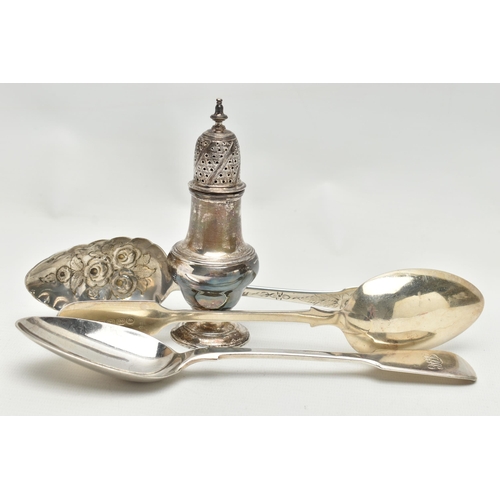 206 - A GEORGE III SILVER SUGAR CASTER OF BALUSTER FORM, knopped finial, engraved pull off cover, raised o... 