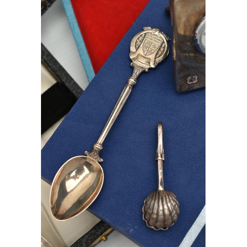 208 - A SMALL PARCEL OF SILVER ITEMS AND EMPTY BOXES, comprising a modern silver mounted bedside clock wit... 