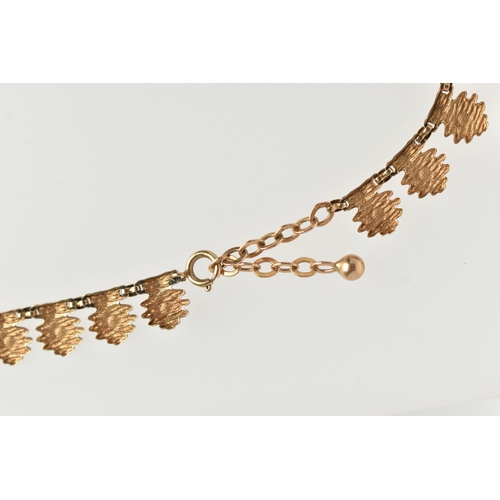 21 - A 9CT GOLD FRINGE NECKLACE, yellow gold necklace fitted with textured abstract panels, fitted with a... 