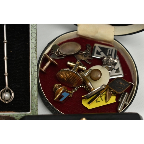 212 - A PARCEL OF ASSORTED SILVER, SILVER PLATE, ASSORTED CUFFLINKS, ETC, including a small silver table b... 