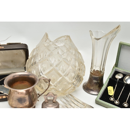 212 - A PARCEL OF ASSORTED SILVER, SILVER PLATE, ASSORTED CUFFLINKS, ETC, including a small silver table b... 