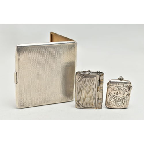 215 - AN ELIZABETH II SILVER CIGARETTE CASE OF SQUARE FORM, AN EDWARDIAN SILVER VESTA CASE AND A PLATED BR... 