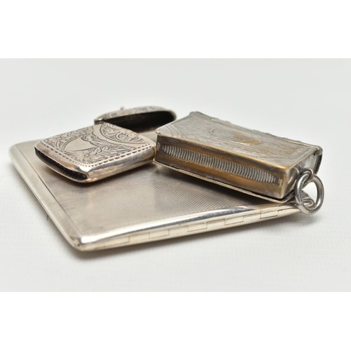 215 - AN ELIZABETH II SILVER CIGARETTE CASE OF SQUARE FORM, AN EDWARDIAN SILVER VESTA CASE AND A PLATED BR... 