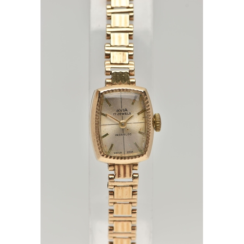 24 - A LADYS 'AVIA' WRISTWATCH, manual wind, rounded rectangular dial signed 'Avia 17 jewels, Incabloc', ... 