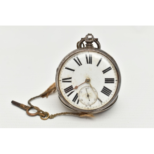 28 - A SILVER OPEN FACE POCKET WATCH, key wound, round white dial, Roman numerals, subsidiary seconds dia... 