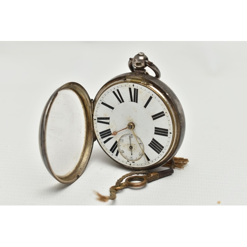 28 - A SILVER OPEN FACE POCKET WATCH, key wound, round white dial, Roman numerals, subsidiary seconds dia... 