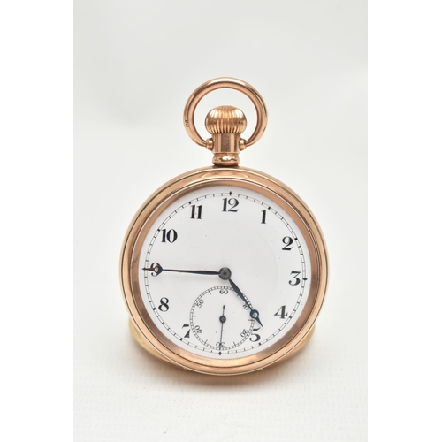 29 - A ROLLED GOLD OPEN FACE POCKET WATCH, manual wind, round white dial, Arabic numerals, subsidiary sec... 