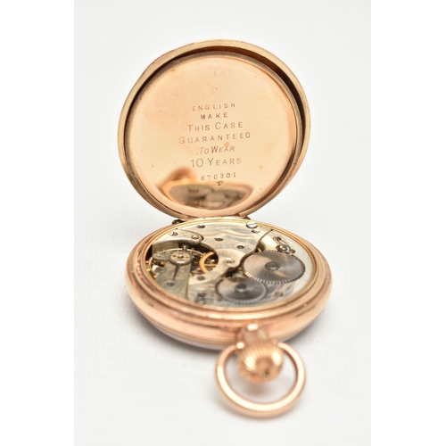 29 - A ROLLED GOLD OPEN FACE POCKET WATCH, manual wind, round white dial, Arabic numerals, subsidiary sec... 