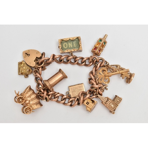 3 - A 9CT GOLD CHARM BRACELET, a 9ct rose gold curb link bracelet, fitted with a heart padlock clasp, ha... 