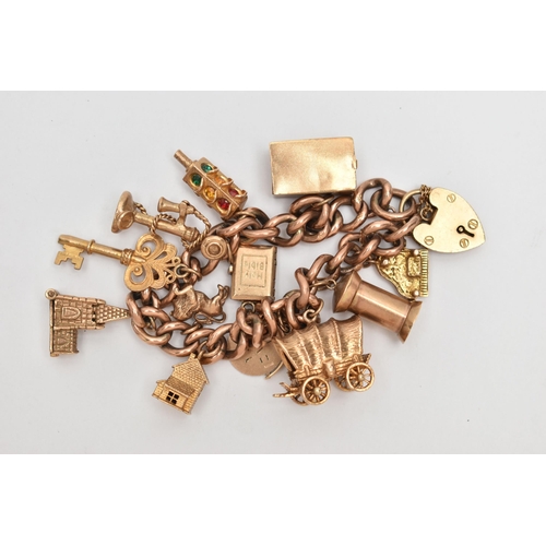 3 - A 9CT GOLD CHARM BRACELET, a 9ct rose gold curb link bracelet, fitted with a heart padlock clasp, ha... 