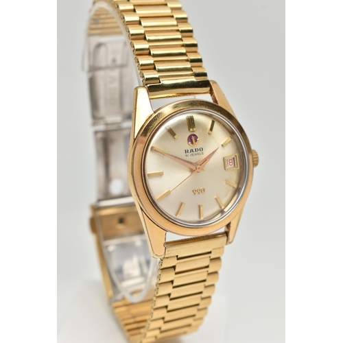 30 - A GENTS 'RADO 990' WRISTWATCH, manual wind, round gold dial signed 'Rado 41 jewels, 990', baton mark... 