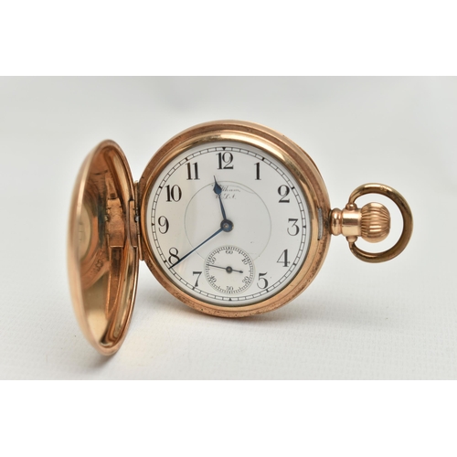 31 - A ROLLED GOLD FULL HUNTER POCKET WATCH, manual wind, round white dial signed 'Waltham U.S.A', Arabic... 